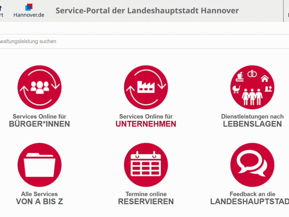 Screenshot des Service-Portals der Landeshauptstadt Hannover mit sechs roten Icon-Kacheln für Bürger, Unternehmen und Termine.