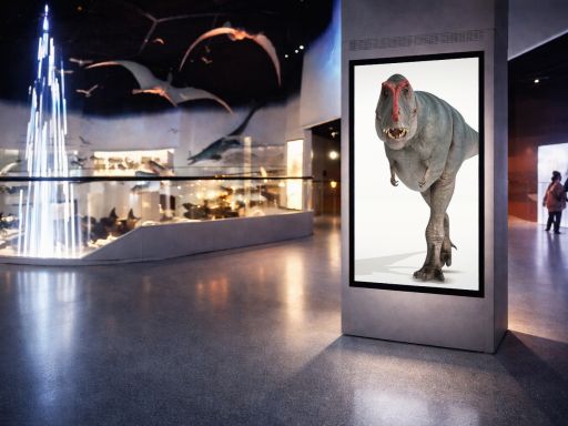 Museumsfoyer mit großem Display eines T-Rex, Glasvitrinen, Lichtinstallation und Besuchern im Hintergrund.