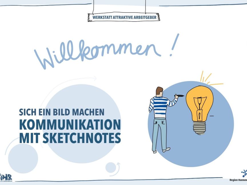 Willkommen! Sich ein Bild machen: Kommunikation mit Sketchnotes, und eine Person, die eine Glühbirne zeichnet.