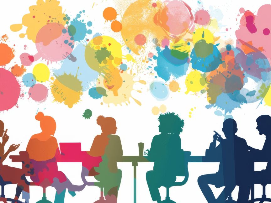 Sechs farbige Silhouetten sitzen an einem Tisch. Darüber bunte Farbkleckse in Pink, Gelb, Blau und Orange.