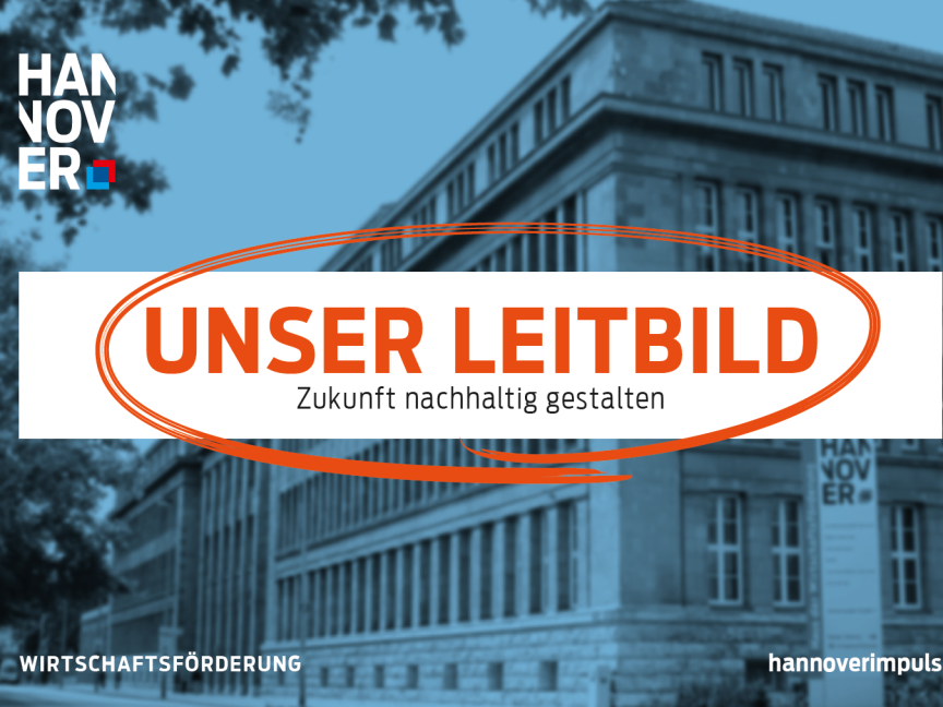 „Logo Hannover, Text: Unser Leitbild – Zukunft nachhaltig gestalten. Hintergrund: Gebäude. Wirtschaftsförderung hannoverimpuls."