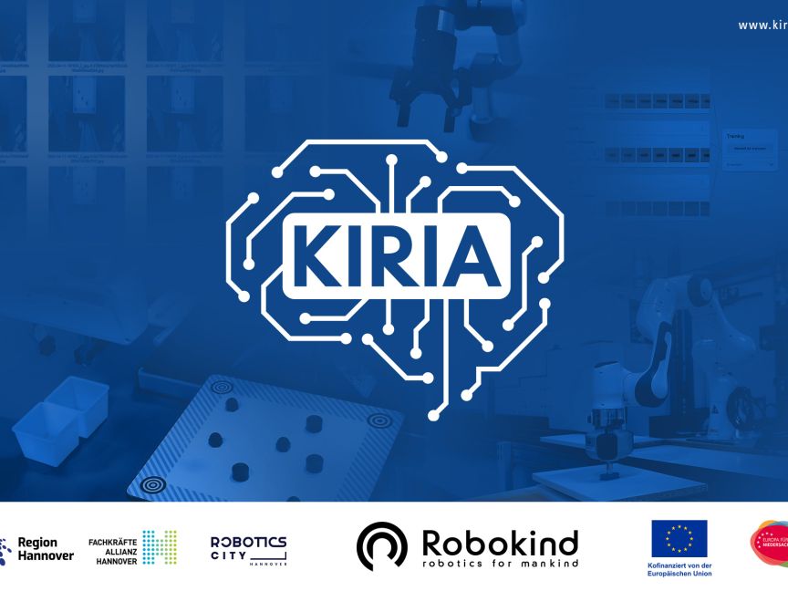 KIRIA-Logo als Gehirn mit Schaltkreisen auf blauem Hintergrund; Logos von Region Hannover, Robokind und EU unten.