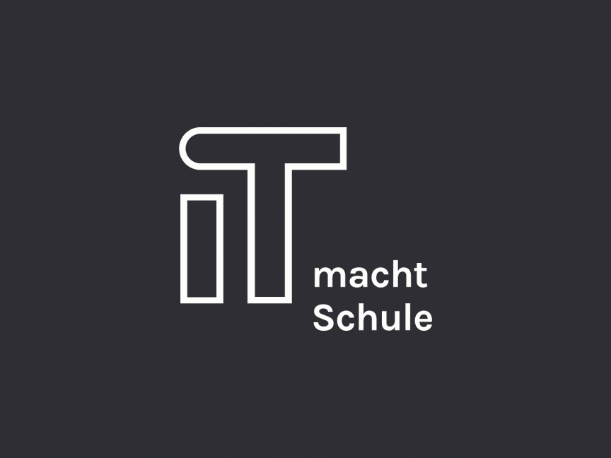 Logo "IT macht Schule": Stilisierte Buchstaben I und T in Weiß auf dunkelgrauem Hintergrund mit Schriftzug.