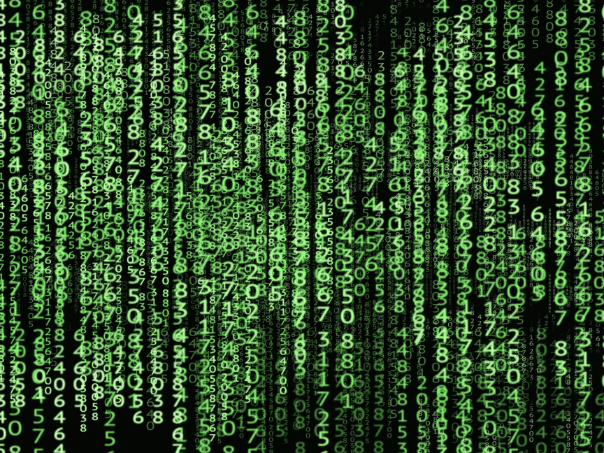 Digitaler Datensatz mit Zahlencode. Grüne Zahlen auf schwarzem Hintergrund.