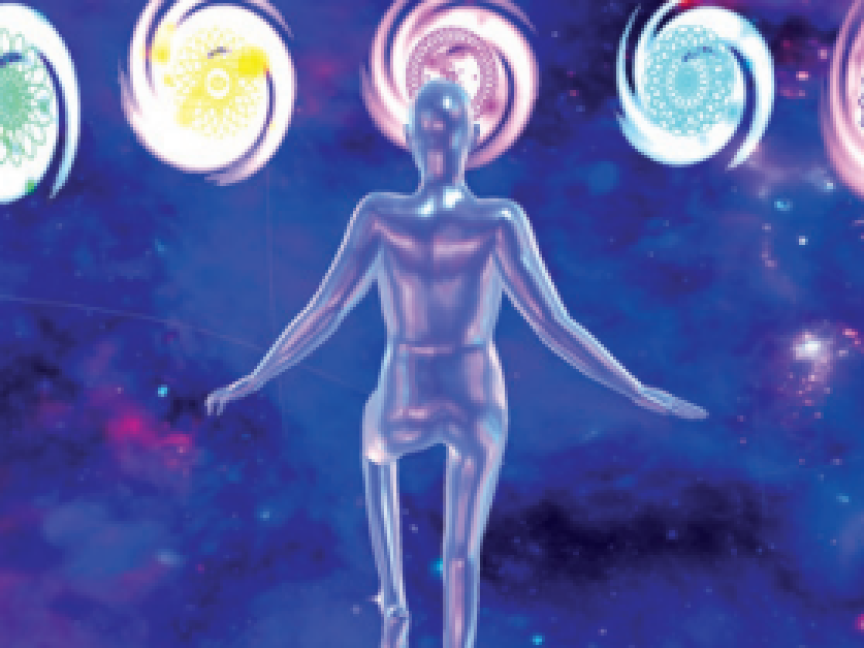 Lila Avatar, der auf bunte Kreise im Universum zuläuft