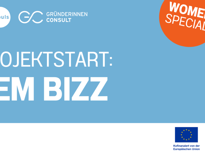 Logo-Banner: "Projektstart: FEM BIZZ" mit hannover impuls & Gründerinnen Consult Logos, EU-Förderlogo, "Women Special!" Badge.