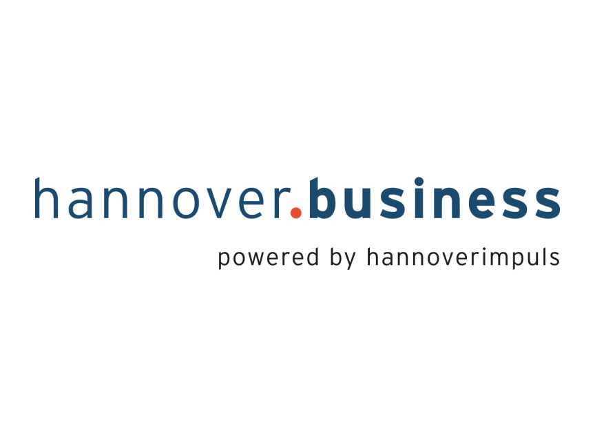 Logo „hannover.business", powered by hannoverimpuls. Schriftzug in Dunkelblau, Punkt in Rot-Orange, weißer Hintergrund.