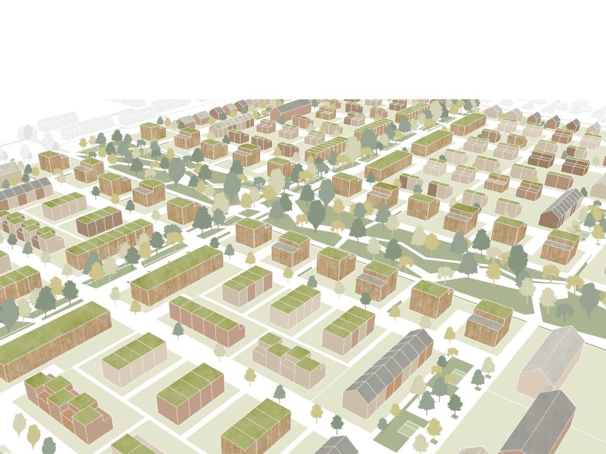 Isometrische Illustration eines Stadtviertels mit Wohnblöcken, Grünflächen und Bäumen in erdigen Farbtönen.