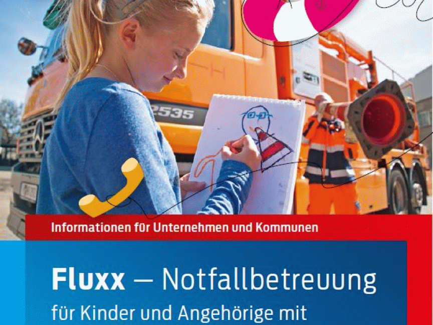 Mädchen zeichnet vor orangem LKW. Text: „Fluxx – Notfallbetreuung für Kinder und Angehörige mit Unterstützungsbedarf".