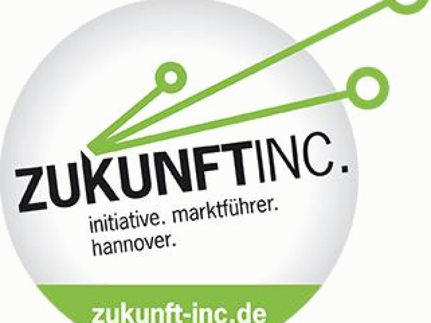Logo „Zukunft Inc." auf grauem Kreis mit grünen Linien und Punkten. Text: „initiative. marktführer. hannover. zukunft-inc.de"