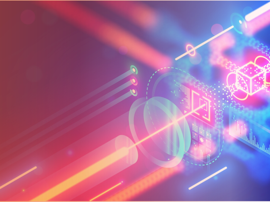 Abstrakte digitale Illustration mit leuchtenden Neon-Würfeln, Verbindungslinien und geometrischen Formen auf rotem und blauem Hintergrund.