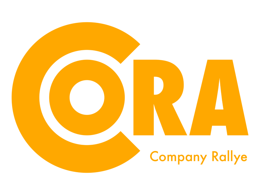 „Orangefarbenes Logo mit dem Schriftzug „CORA" und dem Untertitel „Company Rallye" auf weißem Hintergrund."