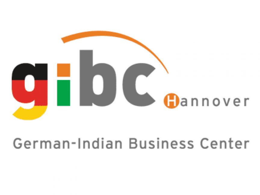 Logo des GIBC Hannover – German-Indian Business Center, mit deutschen Nationalfarben und orangem Bogen.