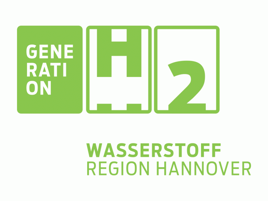 Logo "Generation H2 – Wasserstoff Region Hannover" in Grün mit zwei Quadraten und dem Schriftzug darunter.
