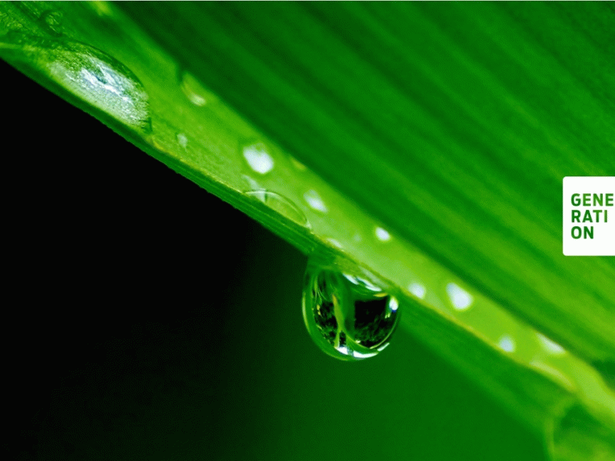 Grünes Blatt mit Wassertropfen, daneben Logo „Generation H2 – Wasserstoff Region Hannover"