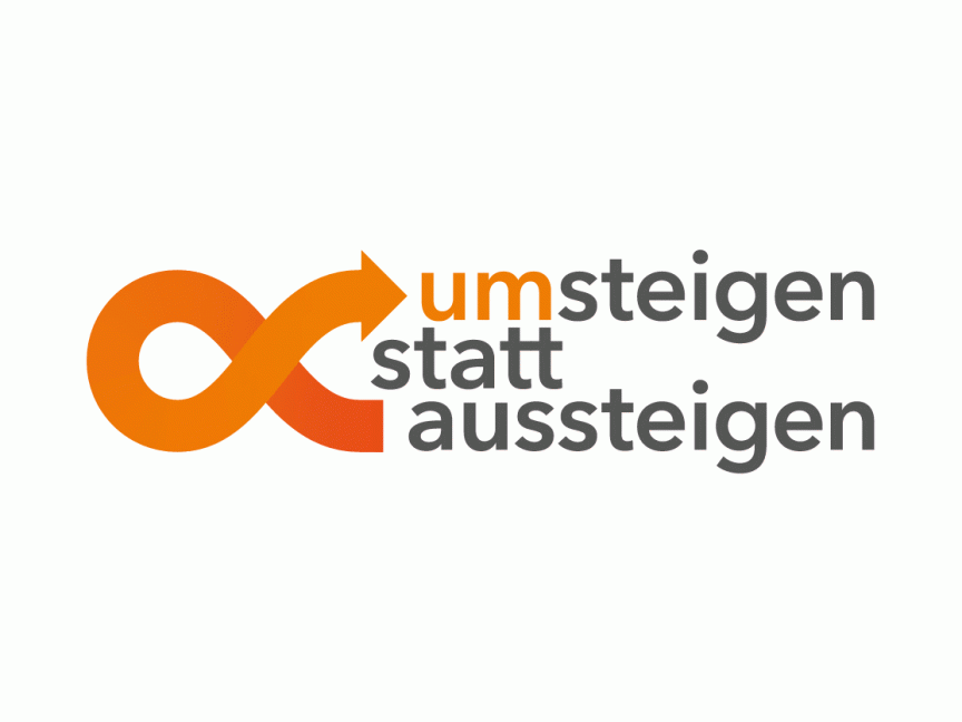 Logo mit orangem Unendlichkeitssymbol und Pfeil, Text: „umsteigen statt aussteigen" in Orange und Grau.