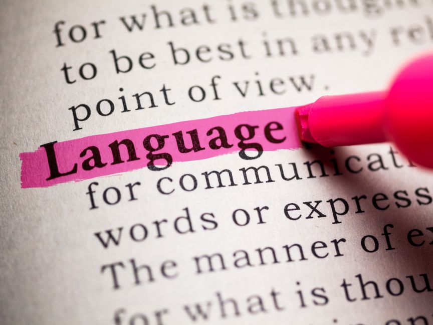 Englischer Text mit dem Wort Language, das mit pinkem Textmarker markiert ist.
