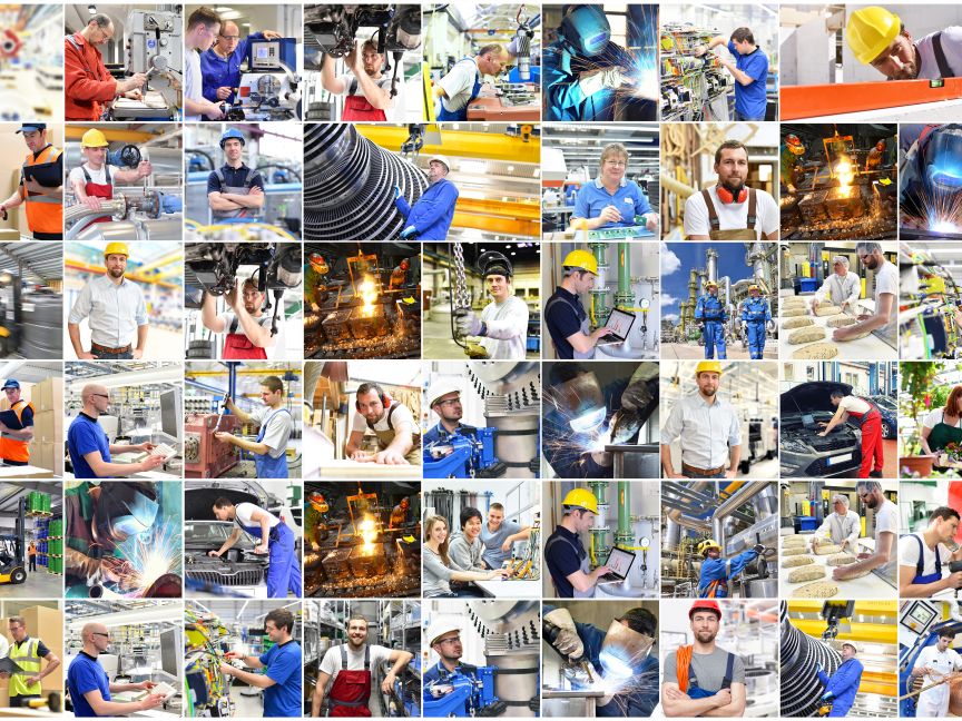 Fotocollage mit vielen kleinen Bildern von Arbeitern in Industriebetrieben, Werkstätten und Fertigungshallen.