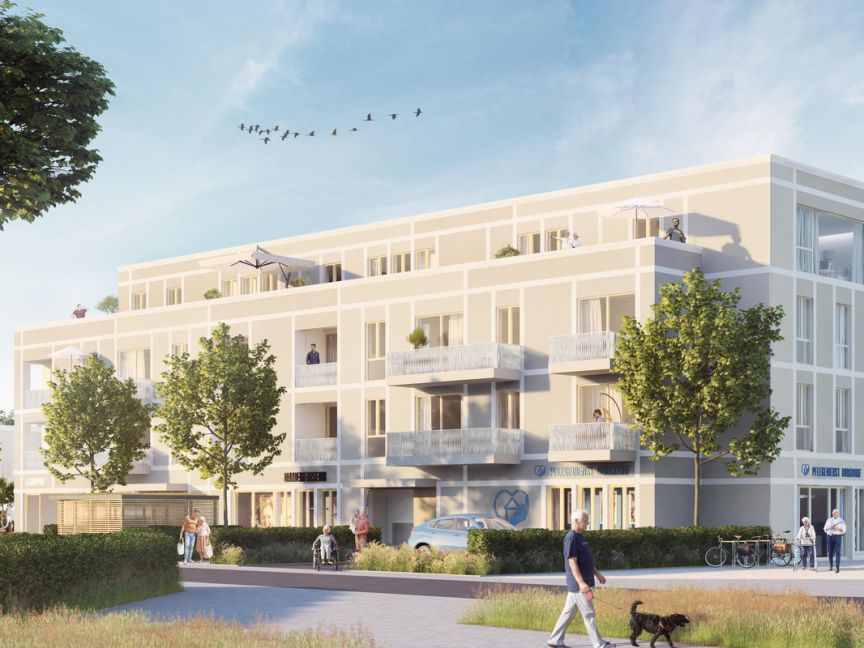 Modernes weißes Mehrfamilienhaus mit Balkonen, umgeben von Bäumen, Fußgängern und einem Radfahrer bei sonnigem Wetter.