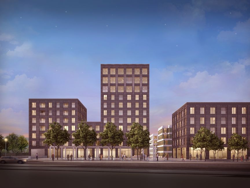 Architekturvisualisierung eines modernen Gebäudekomplexes aus drei Backsteinhäusern, beleuchtet in der Abenddämmerung.