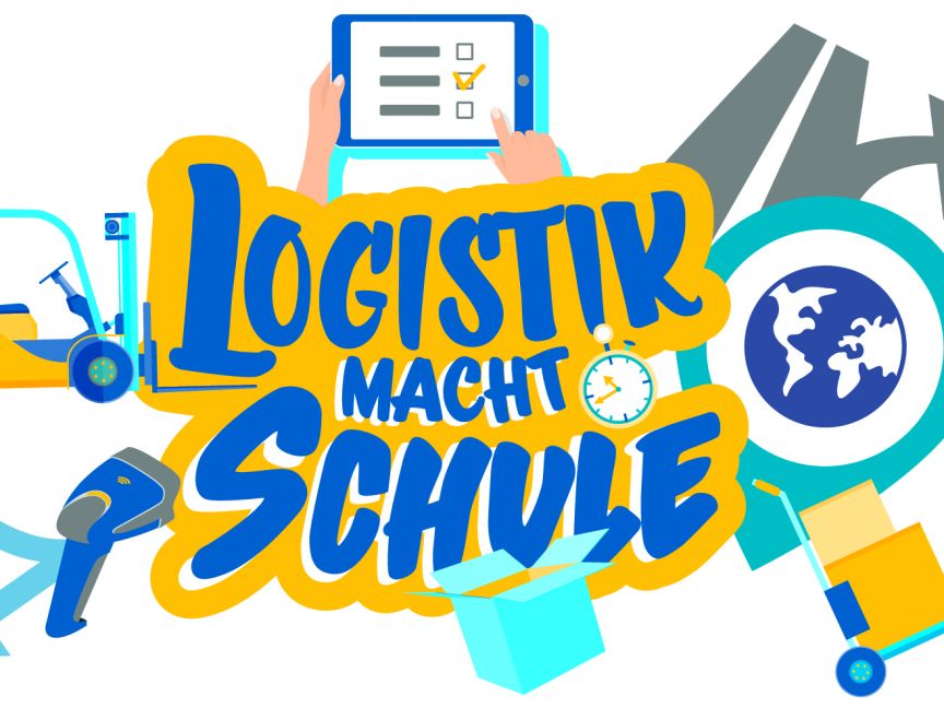 Logo "Logistik macht Schule" mit Gabelstapler, Tablet, Globus, Paketen und Logistiksymbolen in Blau und Gelb.