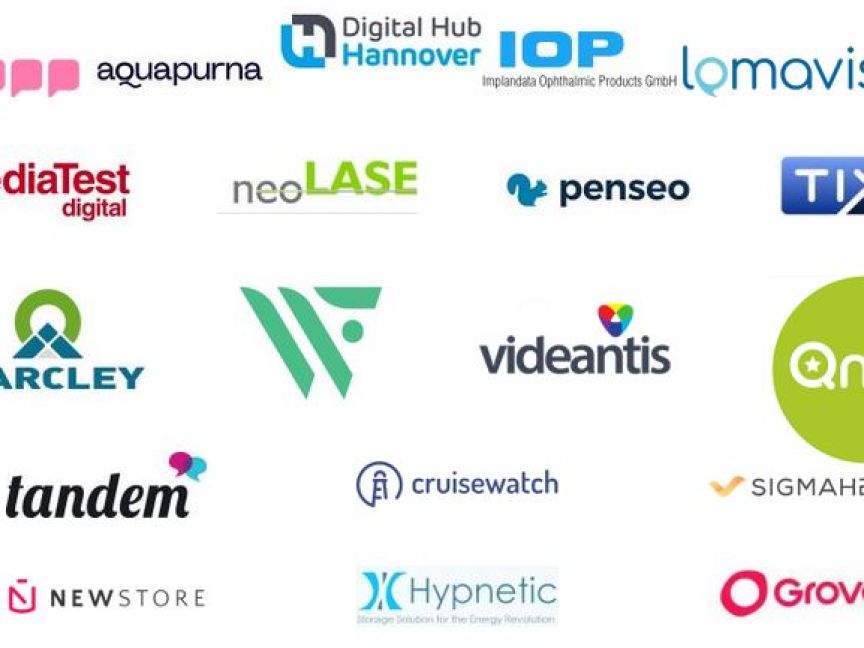 Logos von 18 Unternehmen, darunter aquapurna, neoLASE, Tixel, Marcley, videantis, Qnips, Grover und Hypnetic.