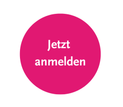 Pinkfarbener Kreis mit weißem Text: „Jetzt anmelden