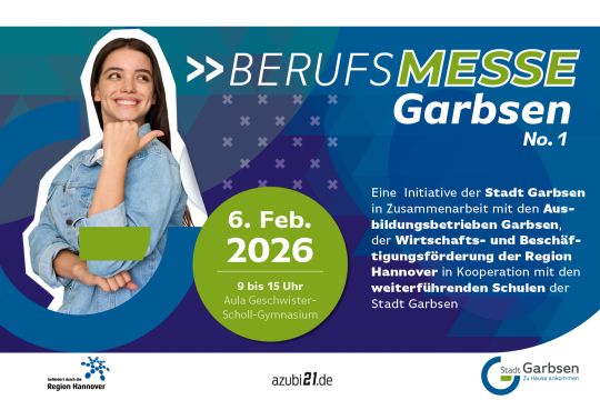 Berufsmesse Garbsen No. 1 am 6. Februar 2026 von 9 bis 15 Uhr in der Aula des Geschwister-Scholl-Gymnasium. Eine junge Frau, die lächelt und nach rechts zur Messewerbung zeigt.