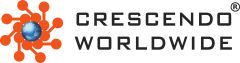 Logo von Crescendo Worldwide: orangefarbenes Netzwerksymbol mit Weltkugel links, schwarzer Schriftzug rechts.