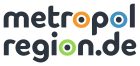 Logo "metropolregion.de" in Dunkelgrau, mit orangenem "o" in "metropol" und blauem "o" in "region", grünem "o" in "region.de".