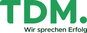 Grünes Logo mit der Aufschrift „TDM." und dem Slogan „Wir sprechen Erfolg" in Dunkelgrün darunter.