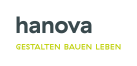 Logo "hanova" in dunkelgrau, darunter Slogan "GESTALTEN BAUEN LEBEN" in Hellgrün auf weißem Hintergrund.