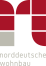 Logo „norddeutsche wohnbau": geometrische Formen in Dunkelrot und Grau, die ein stilisiertes „n" bilden.