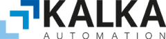 Logo "KALKA AUTOMATION" mit blauen und hellblauen Quadraten links neben schwarzem Schriftzug.