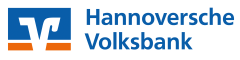 Logo der Hannoversche Volksbank: weißes „V" auf blauem Quadrat mit orangem Balken, daneben blauer Schriftzug.