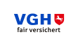 Logo der VGH mit blauem Schriftzug, rotem Wappenschild mit weißem Pferd und Slogan „fair versichert".