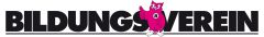 Logo "Bildungsverein" in schwarzen Großbuchstaben mit pinker Eulen-Illustration zwischen den Wörtern.