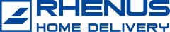 Blaues Logo „Rhenus Home Delivery" mit geometrischem Quadrat-Symbol links, das zwei parallele Pfeile zeigt.