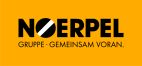 Logo der Noerpel Gruppe auf orangem Hintergrund. Schwarzer Schriftzug „NOERPEL", darunter „GRUPPE · GEMEINSAM VORAN."