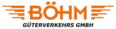 Logo: "BÖHM GÜTERVERKEHRS GMBH" in Orange und Schwarz mit stilisierten Flügeln/Geschwindigkeitslinien links und rechts.