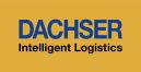 Logo von DACHSER Intelligent Logistics: blauer Schriftzug auf gelbem Hintergrund mit schwarzem Untertitel.