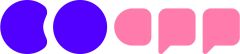Vier abstrakte Formen: zwei blaue/violette (unregelmäßig, rund) und zwei rosafarbene (abgerundete Rechtecke mit Sprechblasenzacke).