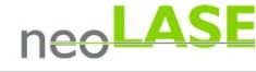 Logo mit grauem Text "neo" und grünem Text "LASE", darunter zwei horizontale grüne Linien.