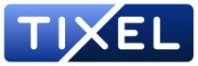 Blaues rechteckiges Logo mit weißem Text „TIXEL" und einem diagonalen weißen Streifen oben rechts.