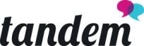 Logo der App „tandem" in schwarzer Schrift mit zwei Sprechblasen in Pink und Türkis oben rechts.