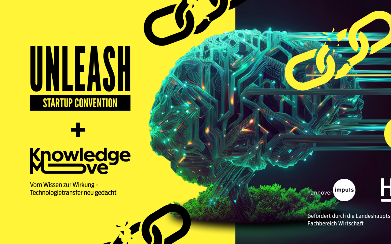 Gelbes Banner: "Unleash Startup Convention" + "KnowledgeMove". 3D-Gehirn mit Schaltkreisen, Kettengliedern, Logos Hannover.