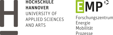 Logo Hochschule Hannover – University of Applied Sciences and Arts und EMP Forschungszentrum Energie Mobilität Prozesse.