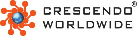 Logo von Crescendo Worldwide: orangefarbenes Netzwerksymbol mit Weltkugel links, schwarzer Schriftzug rechts.