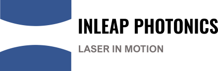 Logo von Inleap Photonics: zwei blaue geschwungene Formen links, schwarzer Firmenname, grauer Slogan „Laser in Motion".