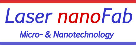 Logo "Laser nanoFab – Micro- & Nanotechnology" in blau-roter Schrift auf weißem Hintergrund mit roten und blauen Linien.